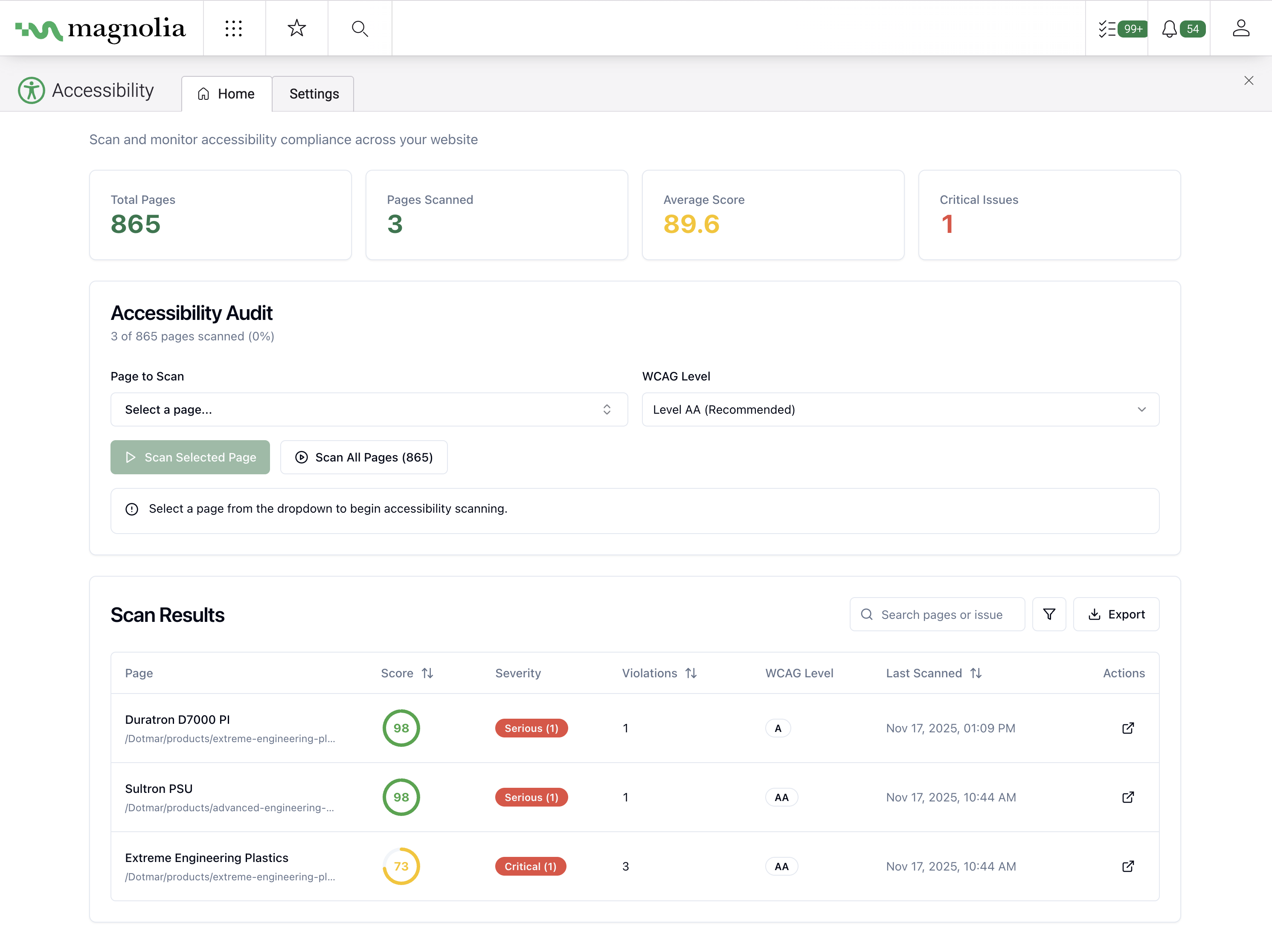 Easy Accessibility scoring dashboard showing WCAG compliance scores and issue breakdown